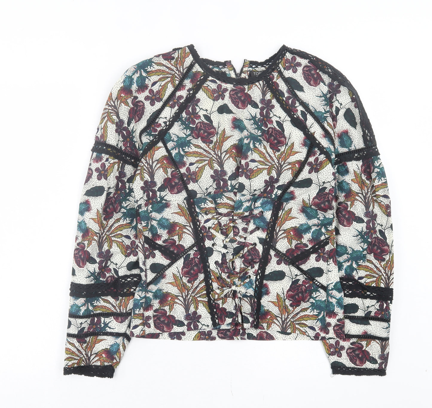 Topshop Womens Multicoloured Floral Cotton Basic Blouse Size 8 Crew Neck