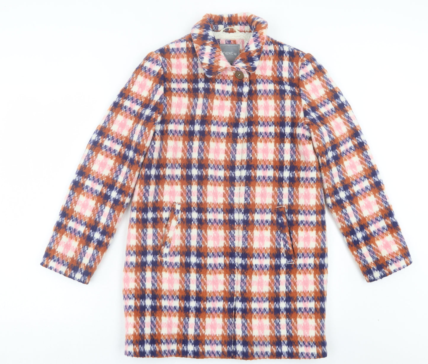 NEXT Girls Orange Plaid Overcoat Coat Size 12 Years Button