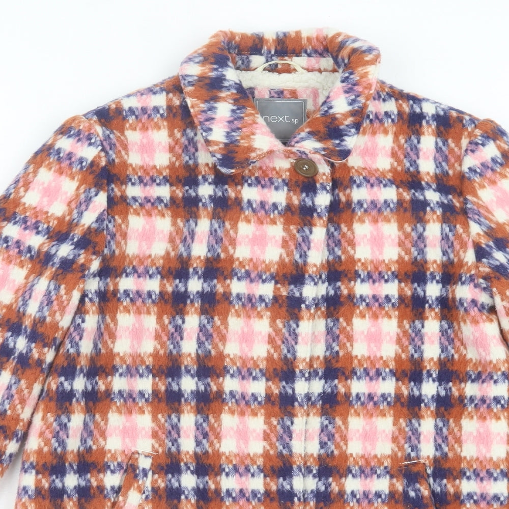 NEXT Girls Orange Plaid Overcoat Coat Size 12 Years Button