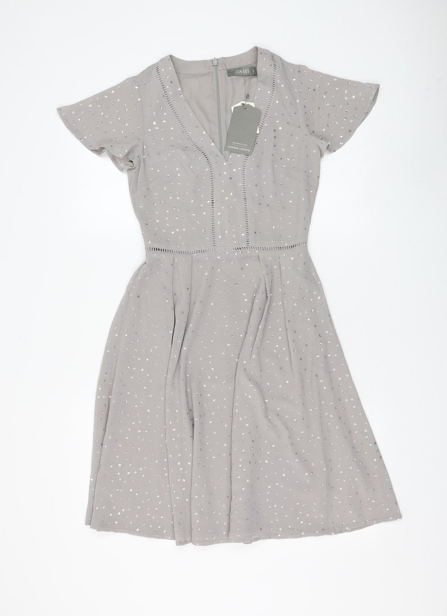 Oasis Womens Grey Polyester Skater Dress Size 6 V-Neck Zip