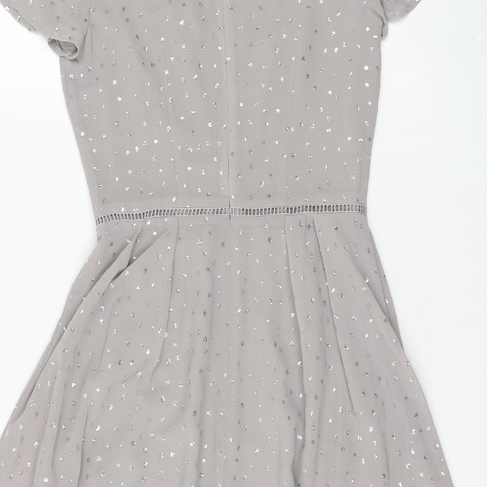 Oasis Womens Grey Polyester Skater Dress Size 6 V-Neck Zip