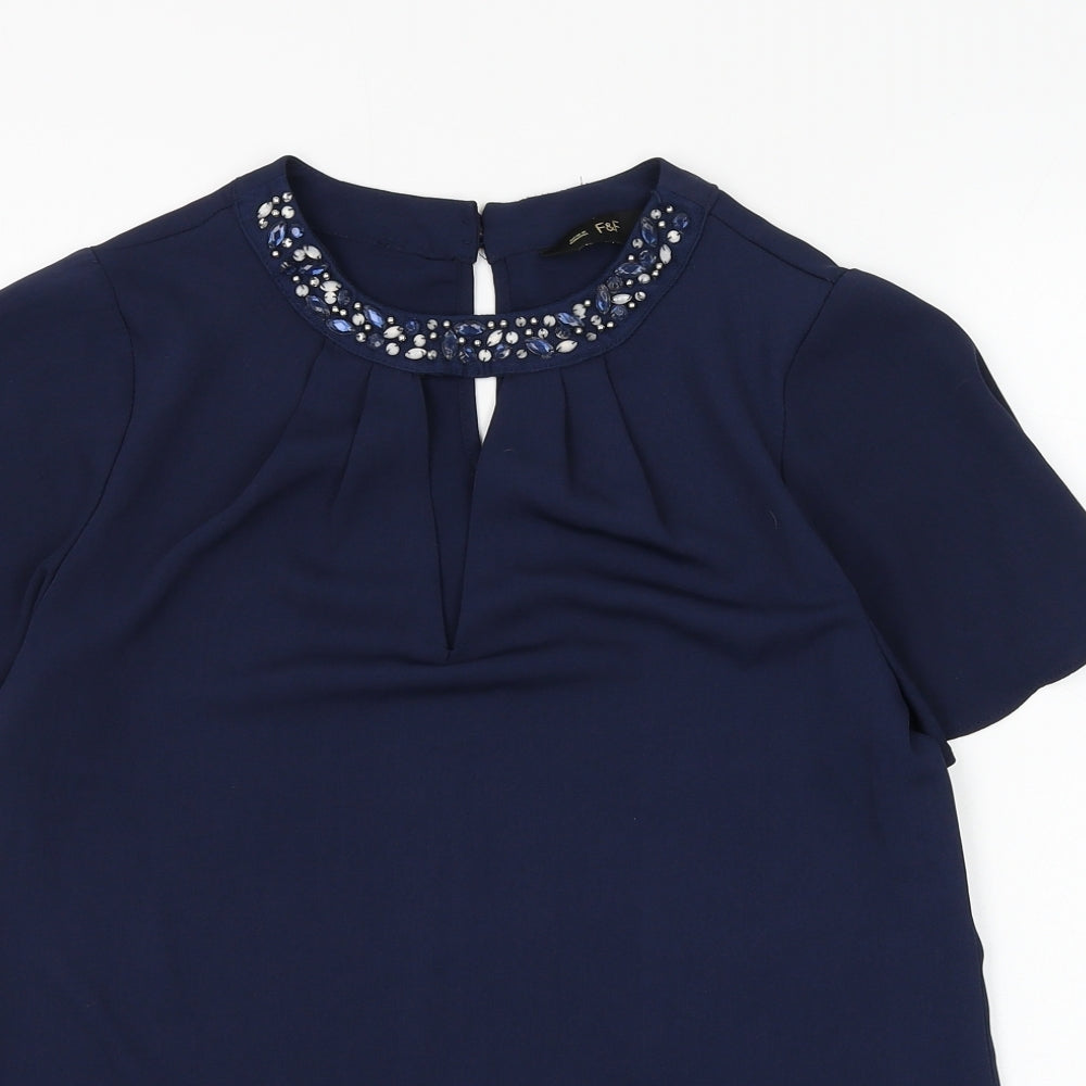 F&F Womens Blue Polyester Basic Blouse Size 10 Round Neck - Cut Out Neck