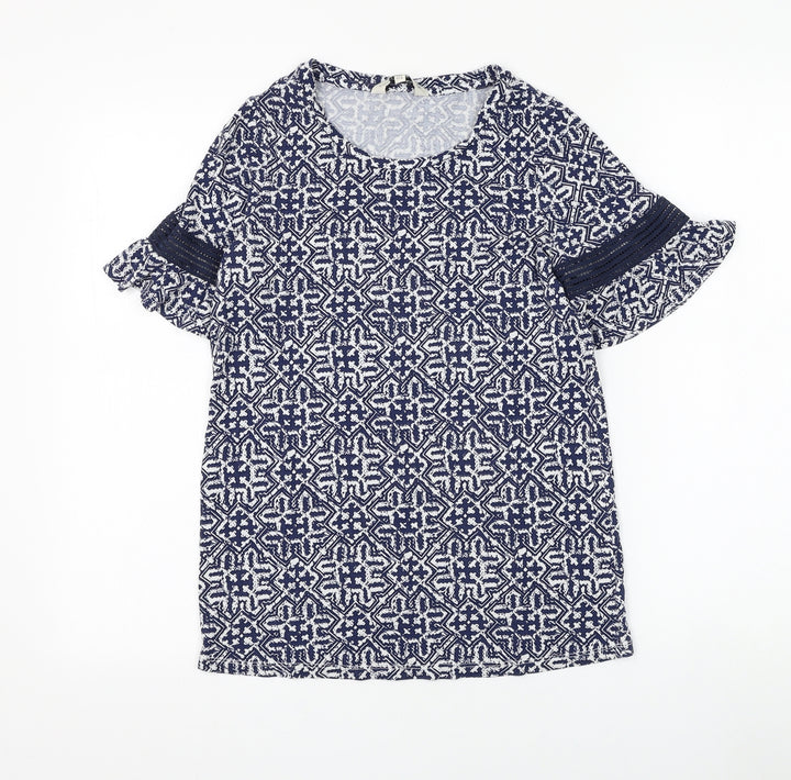 F&F Womens Blue Geometric Viscose Basic T-Shirt Size 8 Round Neck