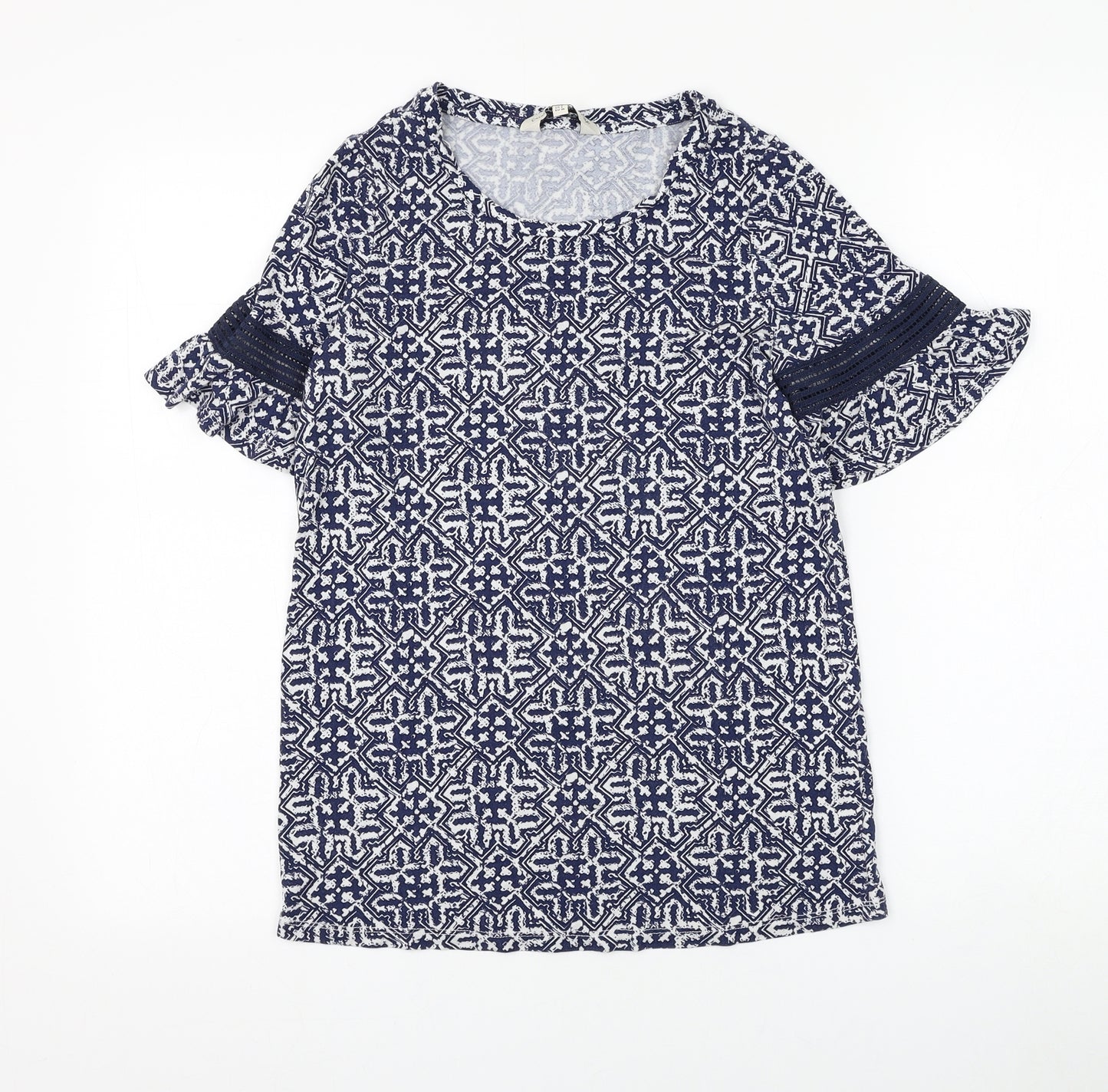 F&F Womens Blue Geometric Viscose Basic T-Shirt Size 8 Round Neck