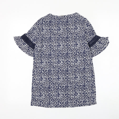 F&F Womens Blue Geometric Viscose Basic T-Shirt Size 8 Round Neck