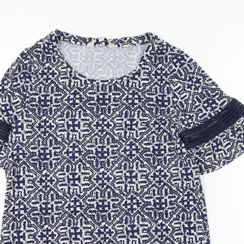 F&F Womens Blue Geometric Viscose Basic T-Shirt Size 8 Round Neck