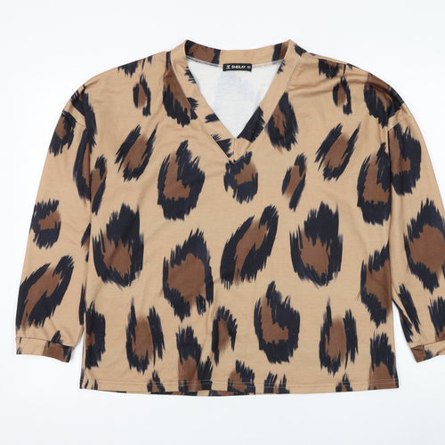 Sheilay Womens Brown V-Neck Animal Print Polyester Pullover Jumper Size M