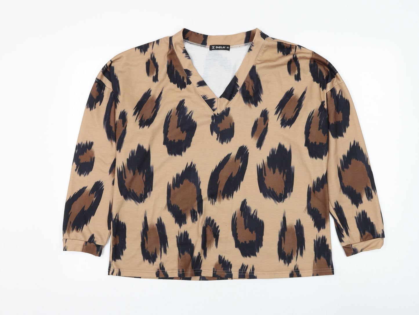 Sheilay Womens Brown V-Neck Animal Print Polyester Pullover Jumper Size M