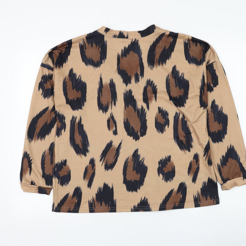 Sheilay Womens Brown V-Neck Animal Print Polyester Pullover Jumper Size M