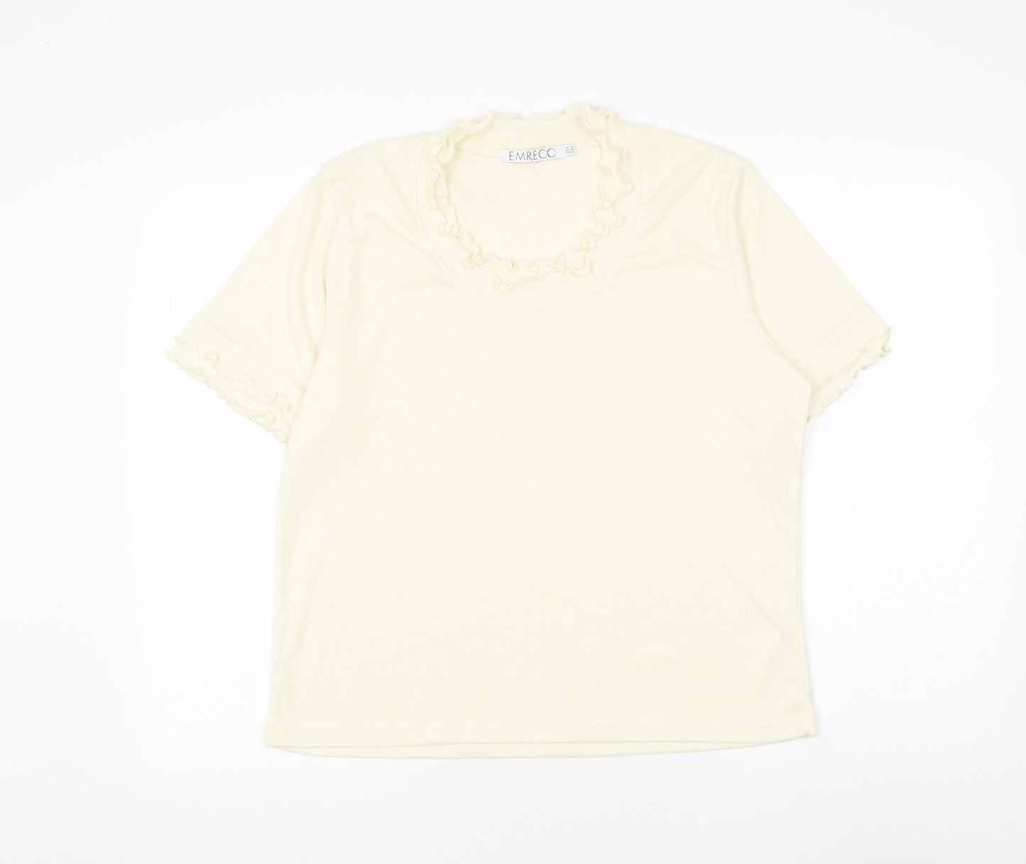 Emreco Womens Ivory Polyester Basic T-Shirt Size 10 Round Neck - Lettuce Hem