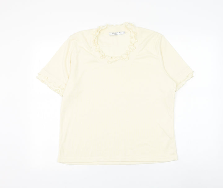 Emreco Womens Ivory Polyester Basic T-Shirt Size 10 Round Neck - Lettuce Hem