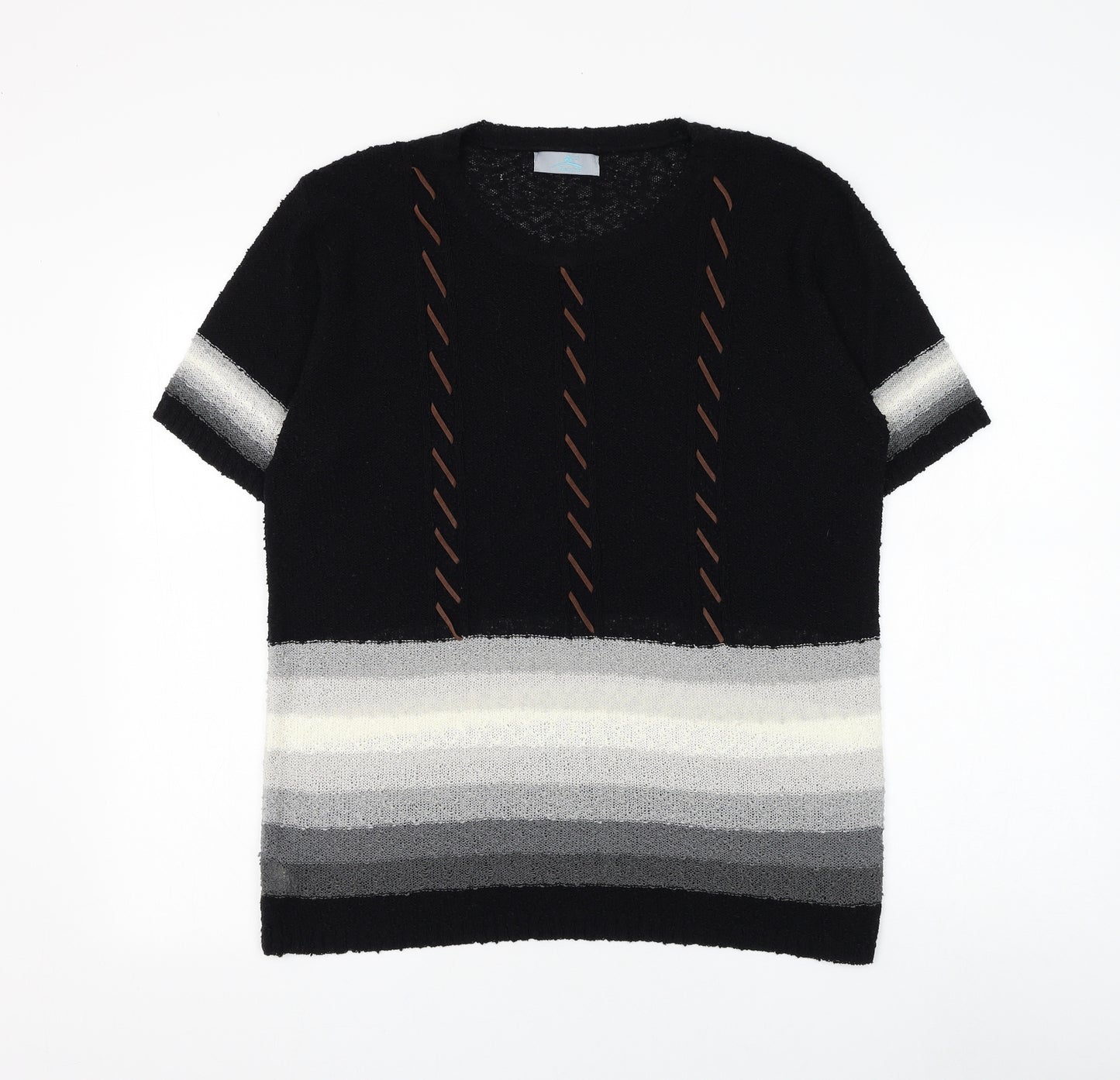 Welyine Womens Black Round Neck Striped Polyester Pullover Jumper Size M