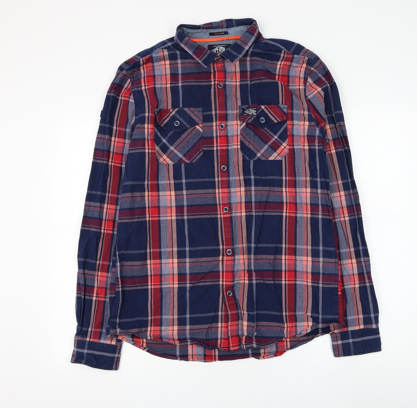Superdry Mens Blue Plaid Cotton Button-Up Size XL Collared Button