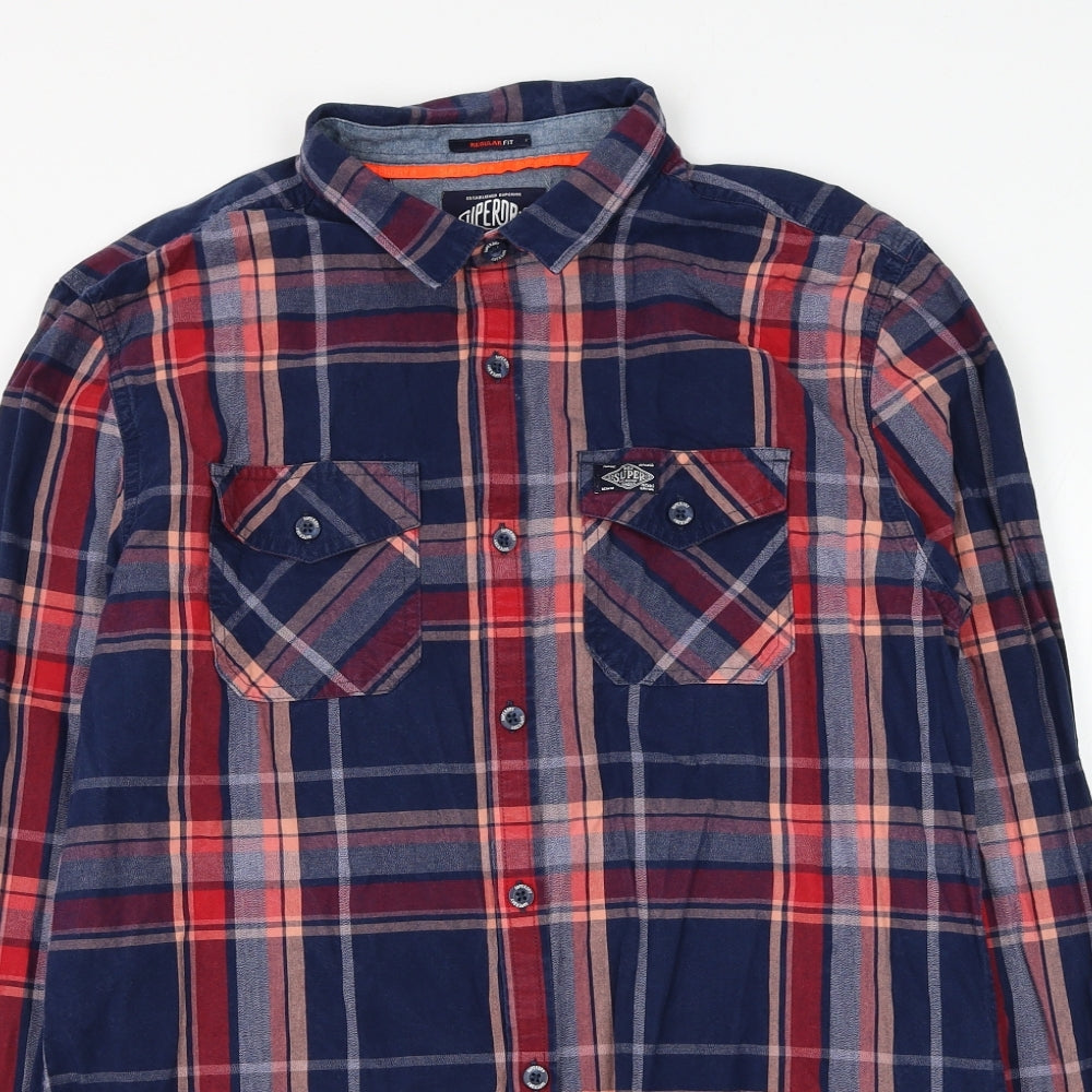 Superdry Mens Blue Plaid Cotton Button-Up Size XL Collared Button