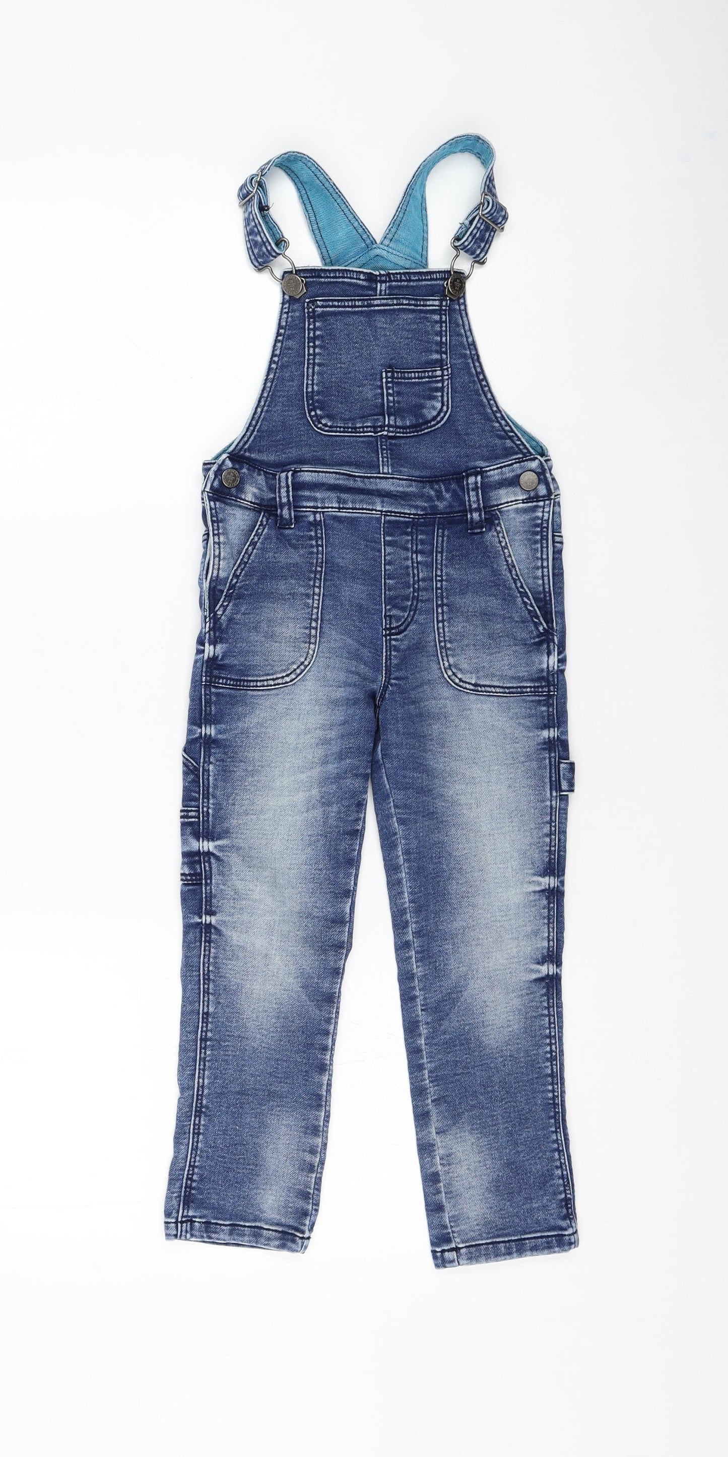 Marks and Spencer Boys Blue Cotton Dungarees Trousers Size 3-4 Years Regular Hook & Loop