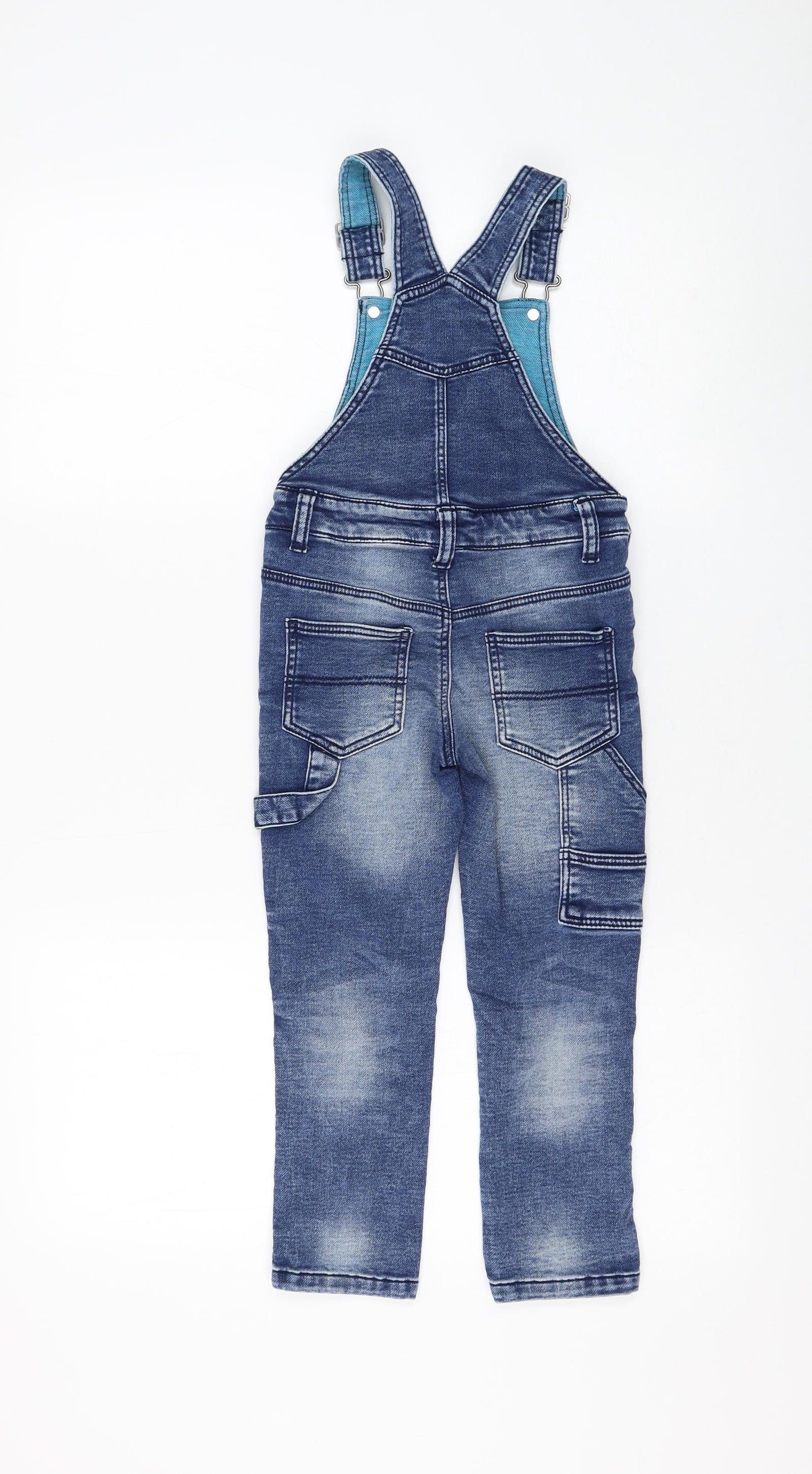 Marks and Spencer Boys Blue Cotton Dungarees Trousers Size 3-4 Years Regular Hook & Loop