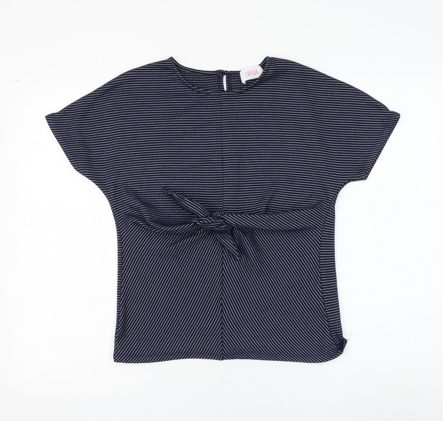 Savida Womens Blue Striped Polyester Basic T-Shirt Size M Round Neck - Knot Front