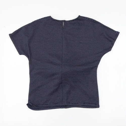Savida Womens Blue Striped Polyester Basic T-Shirt Size M Round Neck - Knot Front