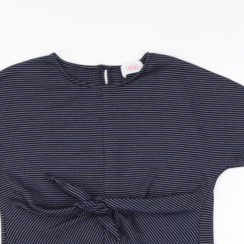 Savida Womens Blue Striped Polyester Basic T-Shirt Size M Round Neck - Knot Front