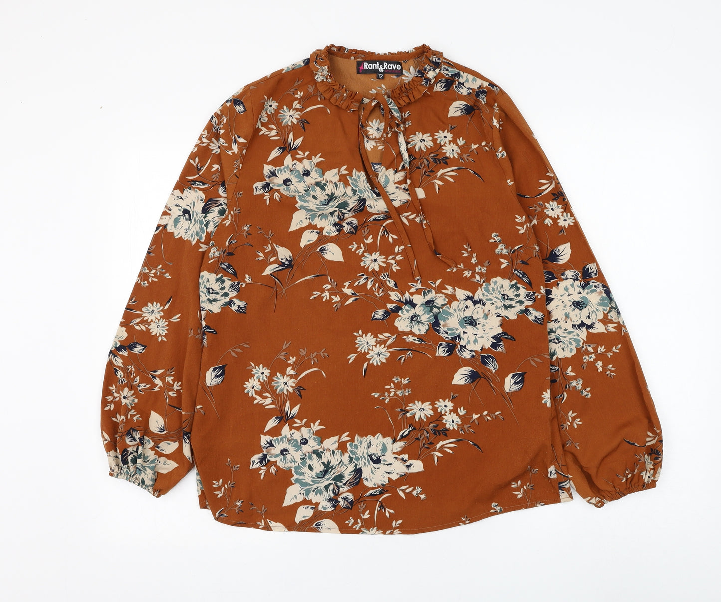 Rant & Rave Womens Brown Floral Polyester Basic Blouse Size 12 Round Neck