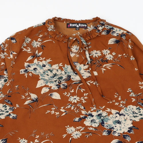 Rant & Rave Womens Brown Floral Polyester Basic Blouse Size 12 Round Neck
