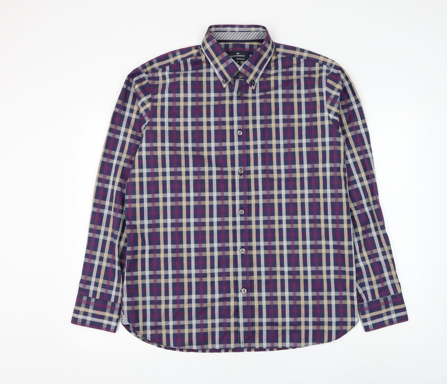 Blue Harbour Mens Purple Check Cotton Dress Shirt Size M Collared Button