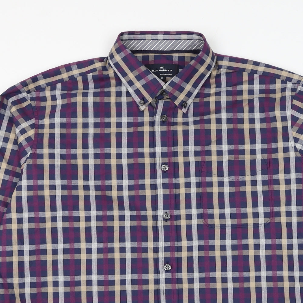 Blue Harbour Mens Purple Check Cotton Dress Shirt Size M Collared Button