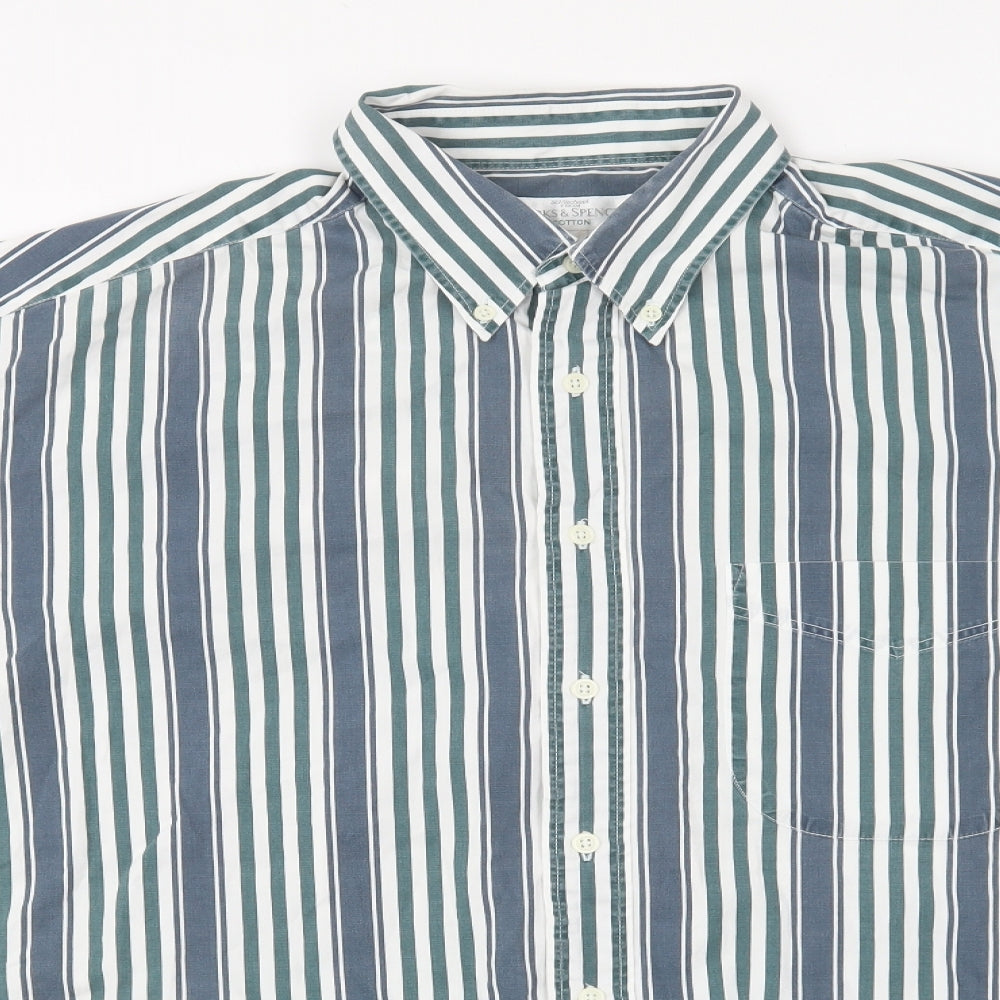 Marks and Spencer Mens Blue Striped Polyester Button-Up Size L Collared Button