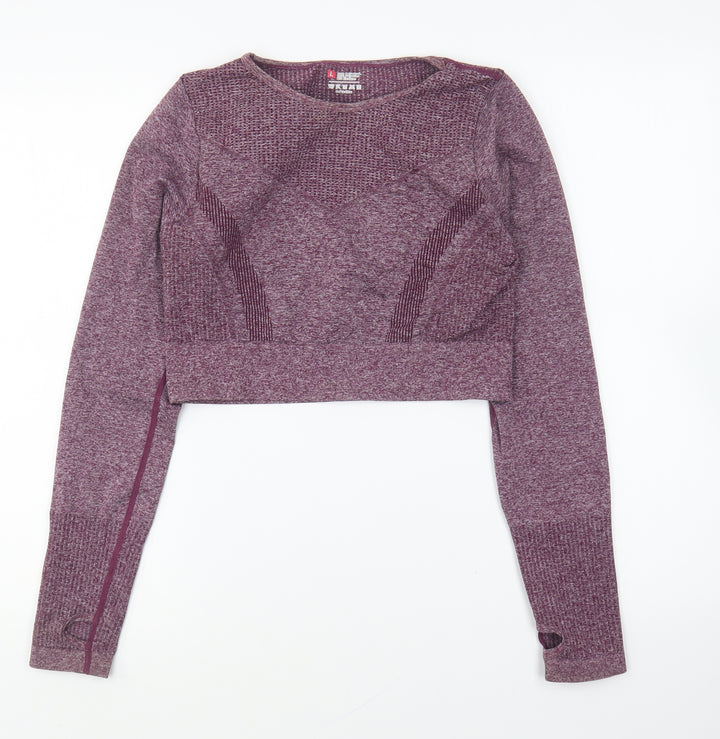 PRETTYLITTLETHING Womens Purple Polyamide Cropped T-Shirt Size L Round Neck Pullover