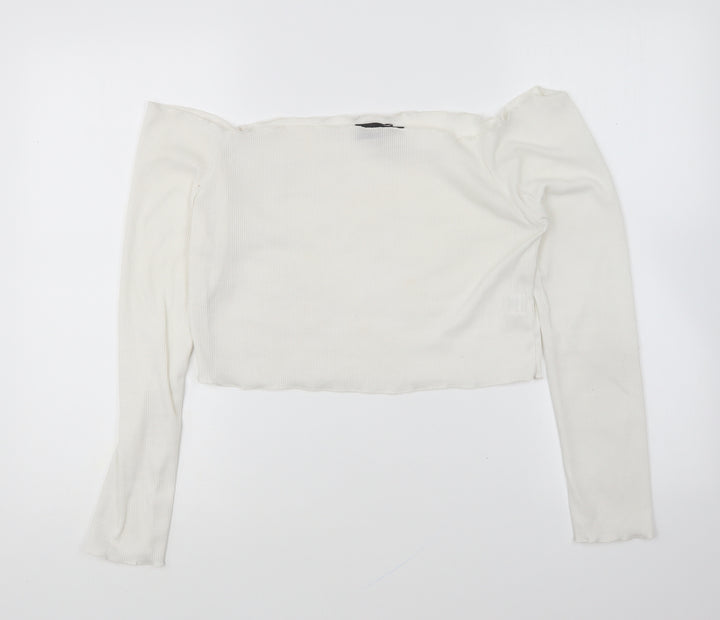 PRETTYLITTLETHING Womens White Polyester Cropped T-Shirt Size 16 Boat Neck
