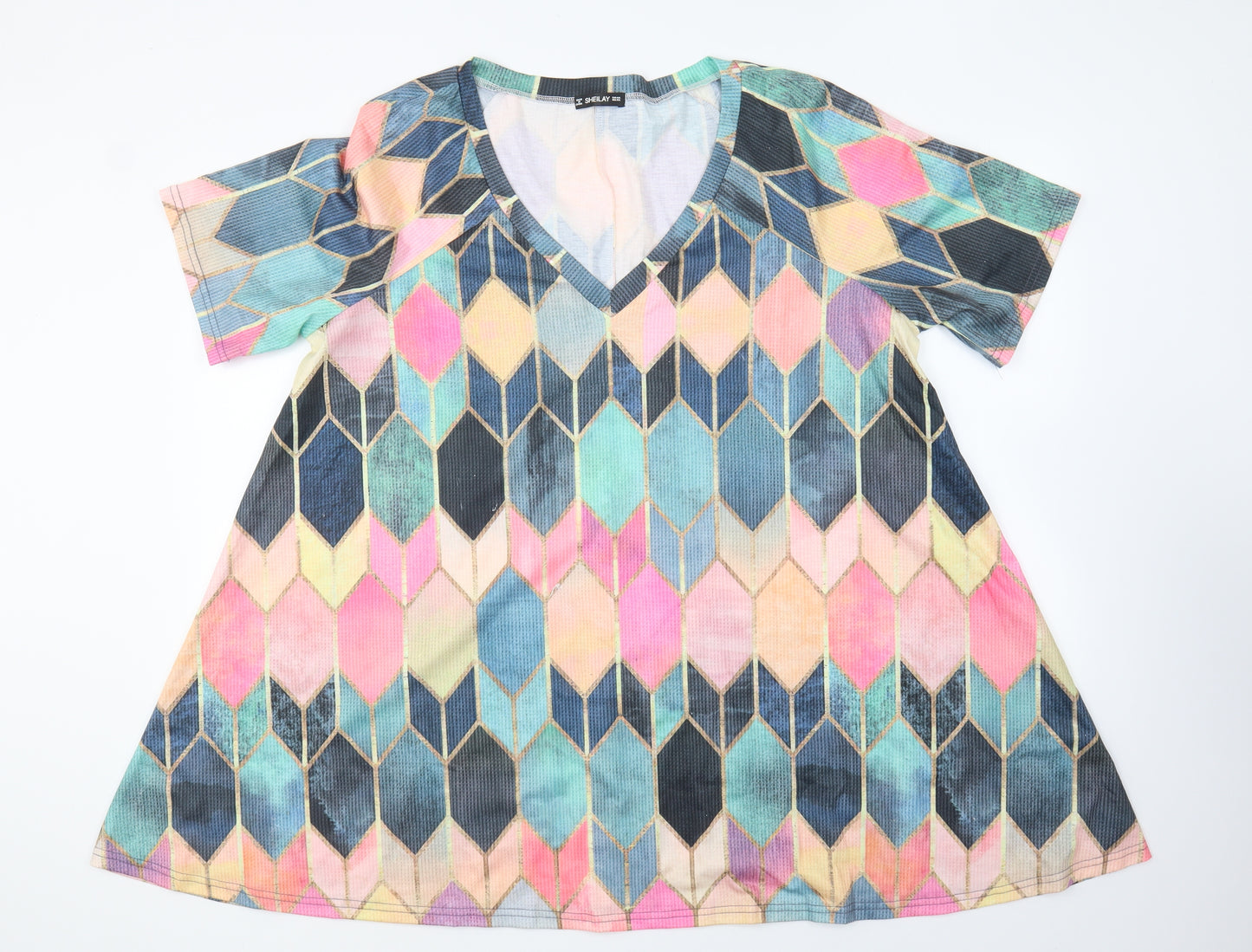 Sheilay Womens Multicoloured Geometric Polyester Basic T-Shirt Size 2XL V-Neck