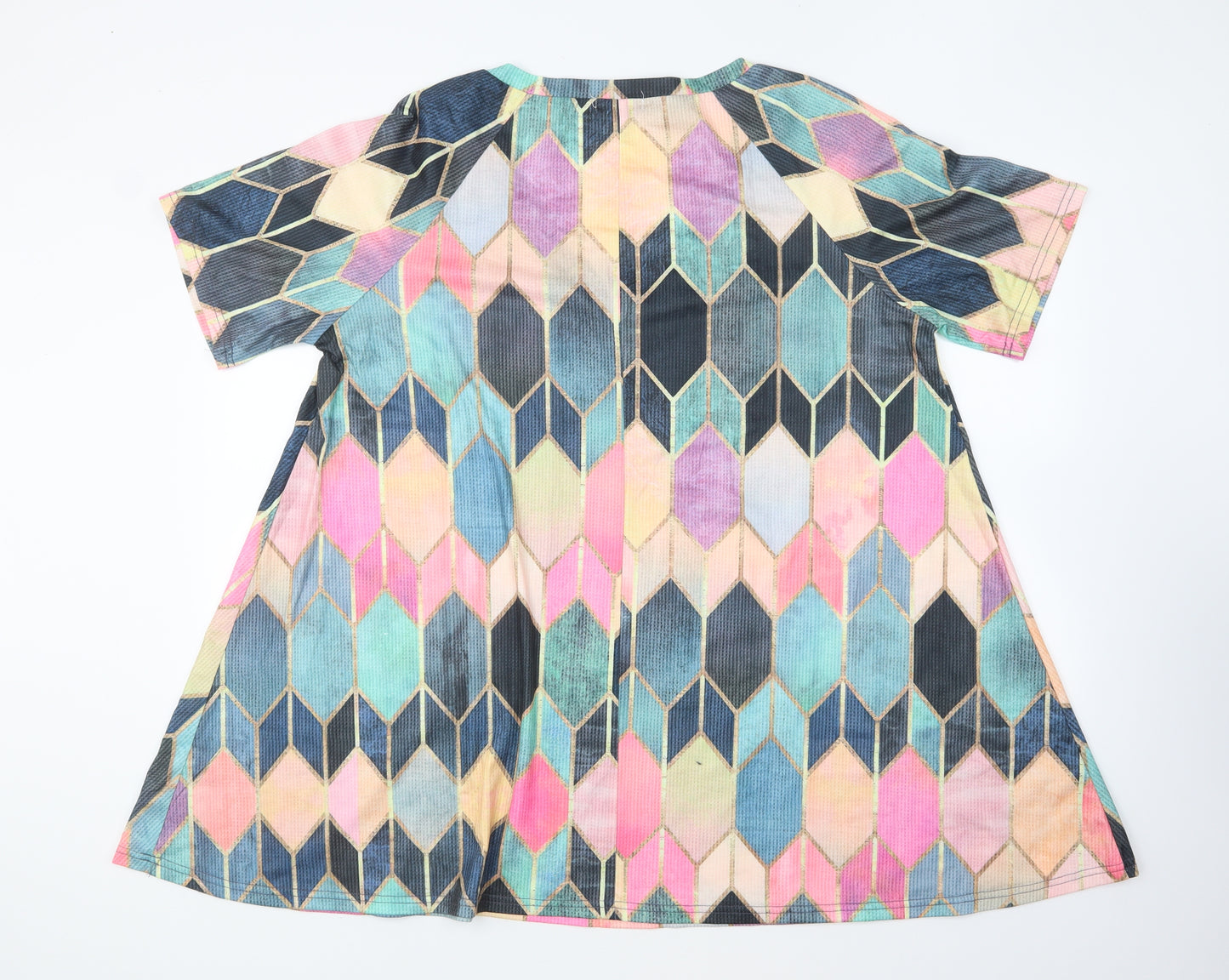 Sheilay Womens Multicoloured Geometric Polyester Basic T-Shirt Size 2XL V-Neck