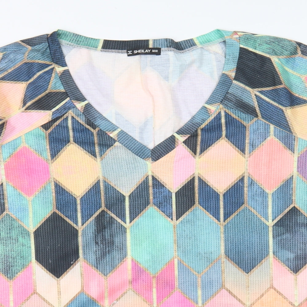 Sheilay Womens Multicoloured Geometric Polyester Basic T-Shirt Size 2XL V-Neck