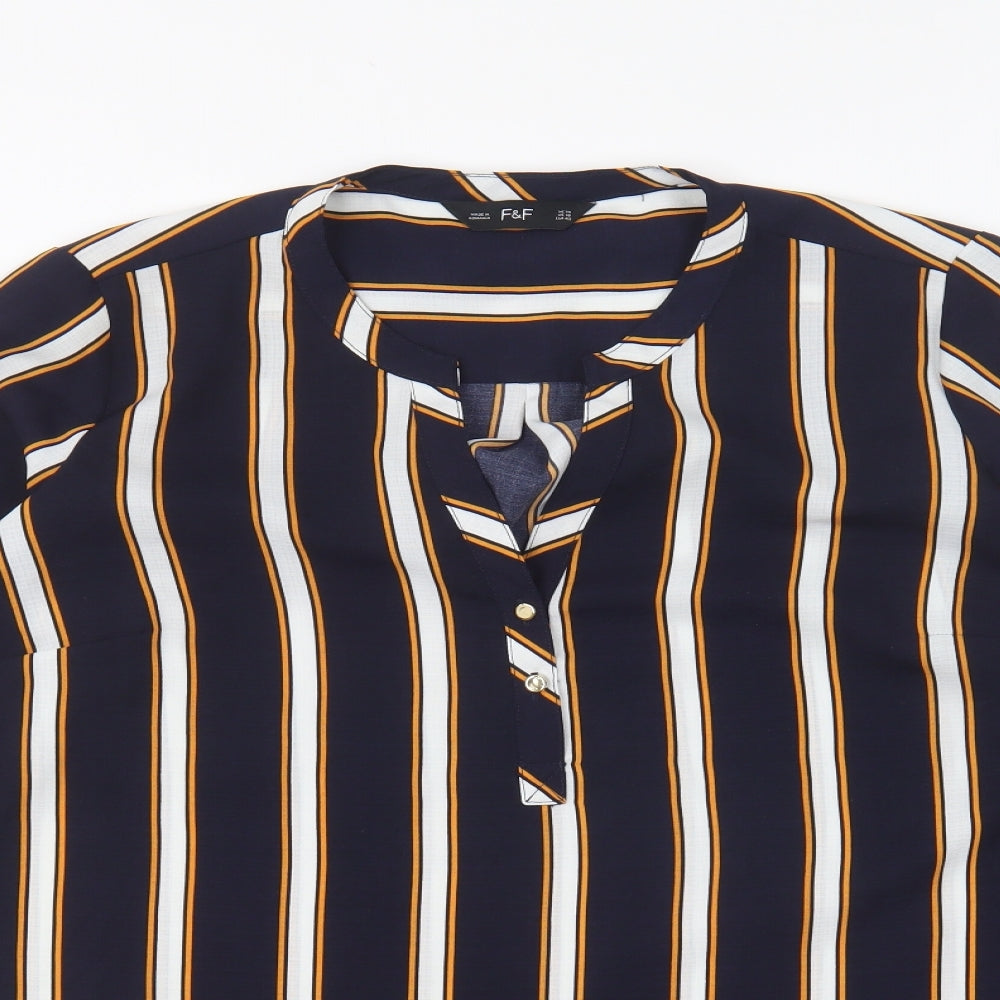 F&F Womens Blue Striped Polyester Basic Blouse Size 14 V-Neck
