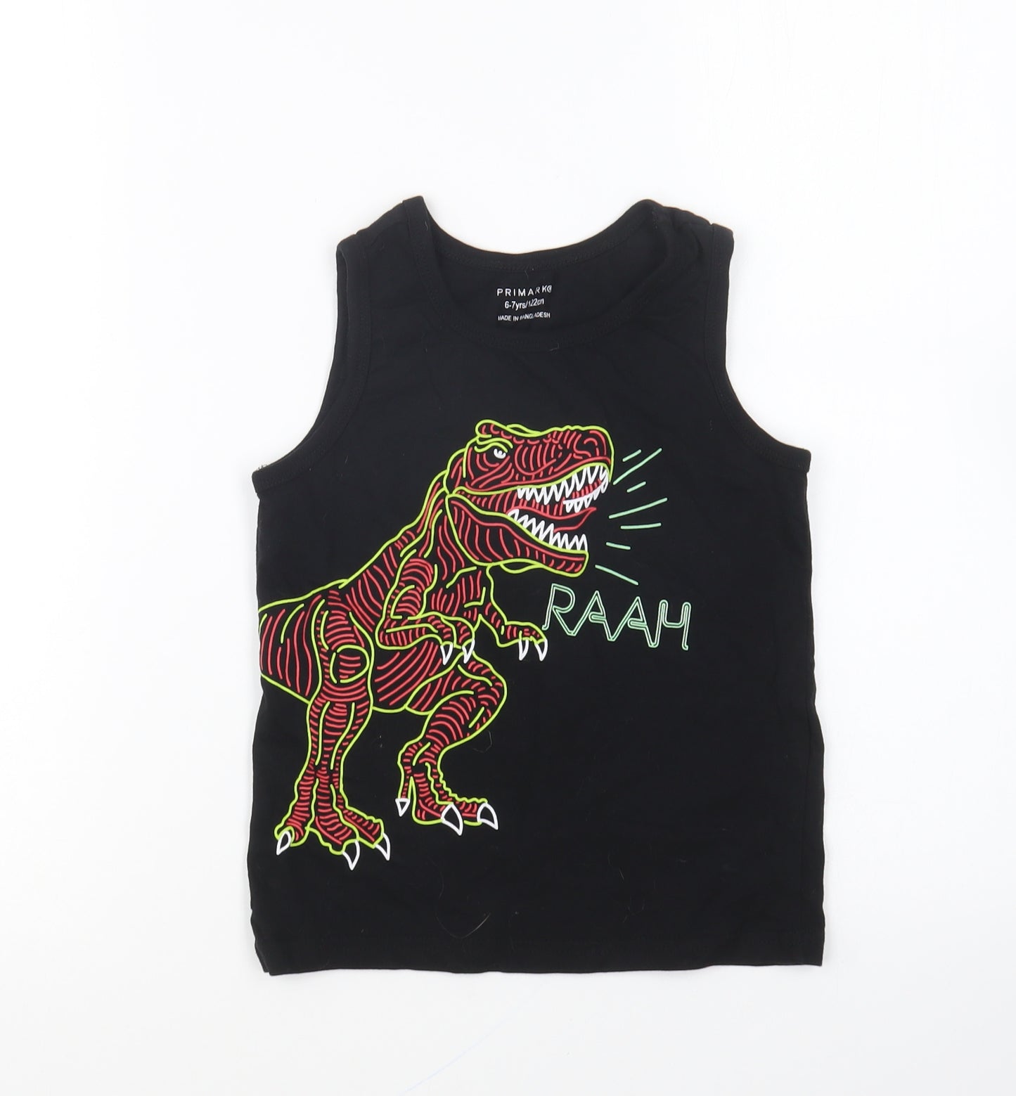 Primark Boys Black Cotton Basic Tank Size 6-7 Years Round Neck Pullover - Dinosaur