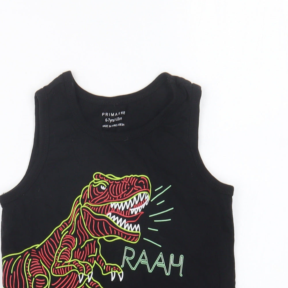 Primark Boys Black Cotton Basic Tank Size 6-7 Years Round Neck Pullover - Dinosaur