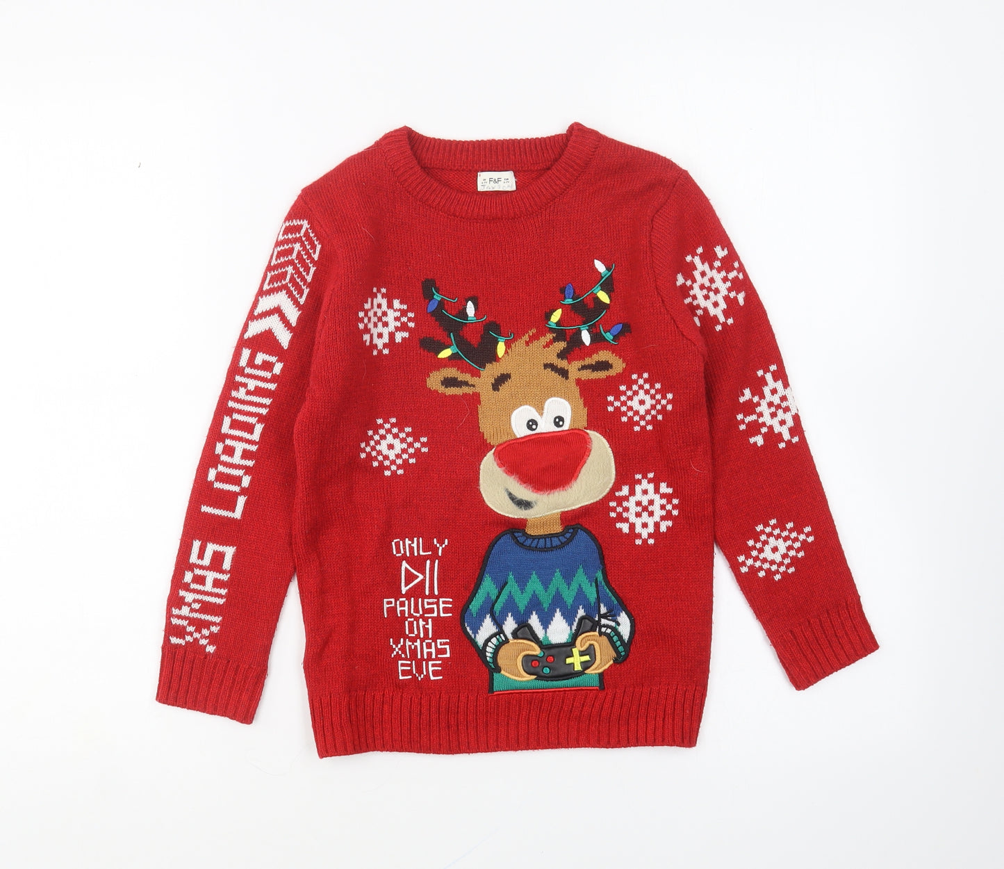 F&F Boys Red Round Neck Acrylic Pullover Jumper Size 6-7 Years Pullover - Christmas