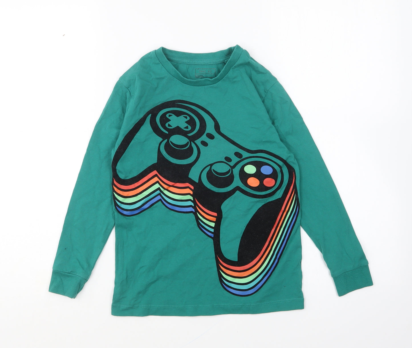 NEXT Boys Green Cotton Basic T-Shirt Size 7 Years Round Neck Pullover - Game Console