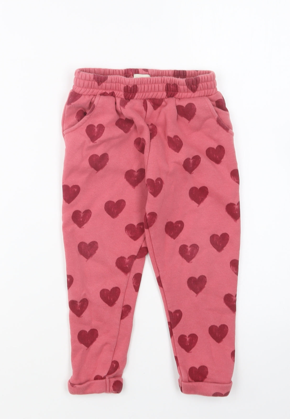 F&F Girls Pink Geometric Polyester Jogger Trousers Size 3-4 Years Regular Drawstring - Love Hearts