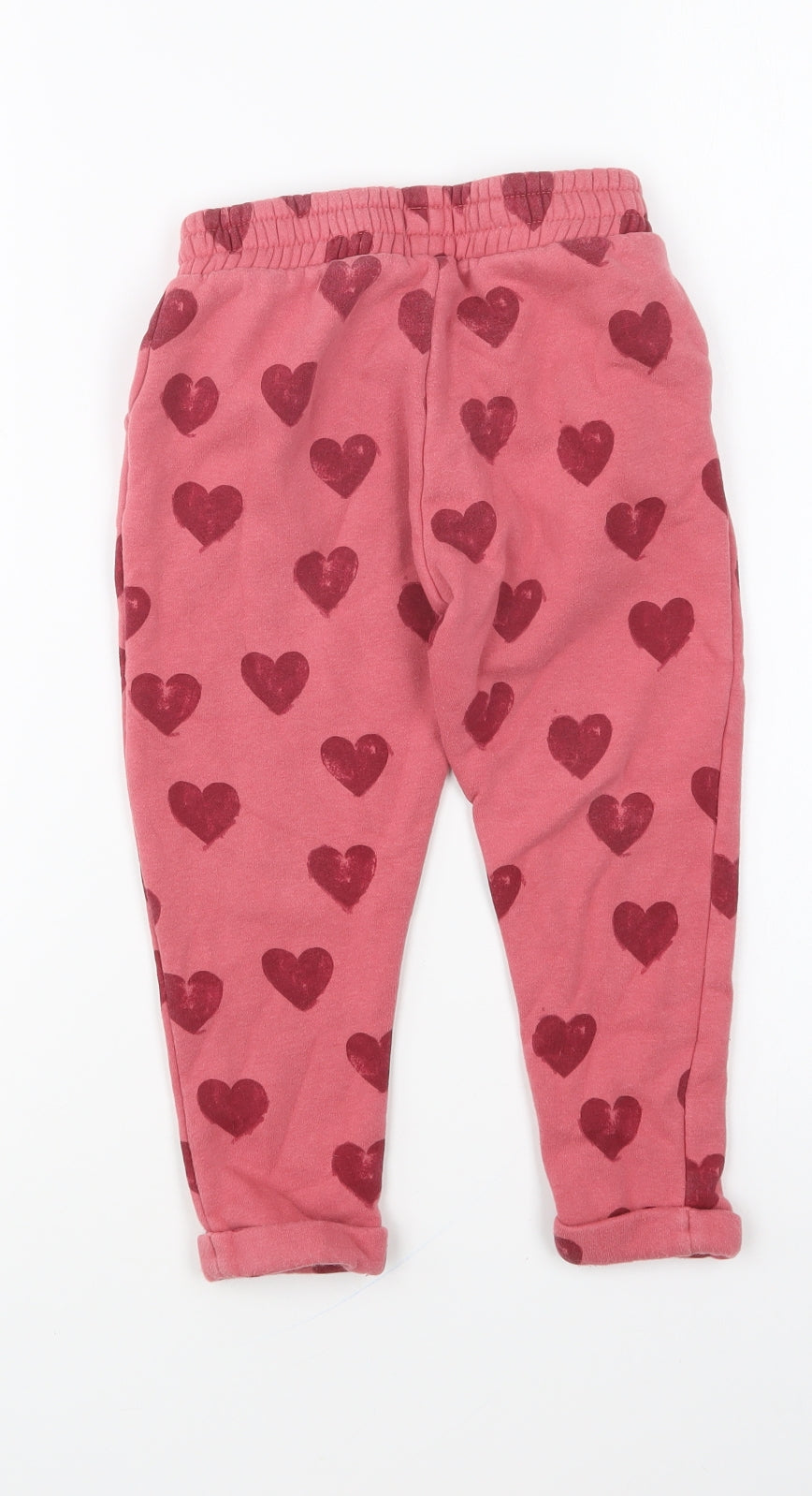 F&F Girls Pink Geometric Polyester Jogger Trousers Size 3-4 Years Regular Drawstring - Love Hearts
