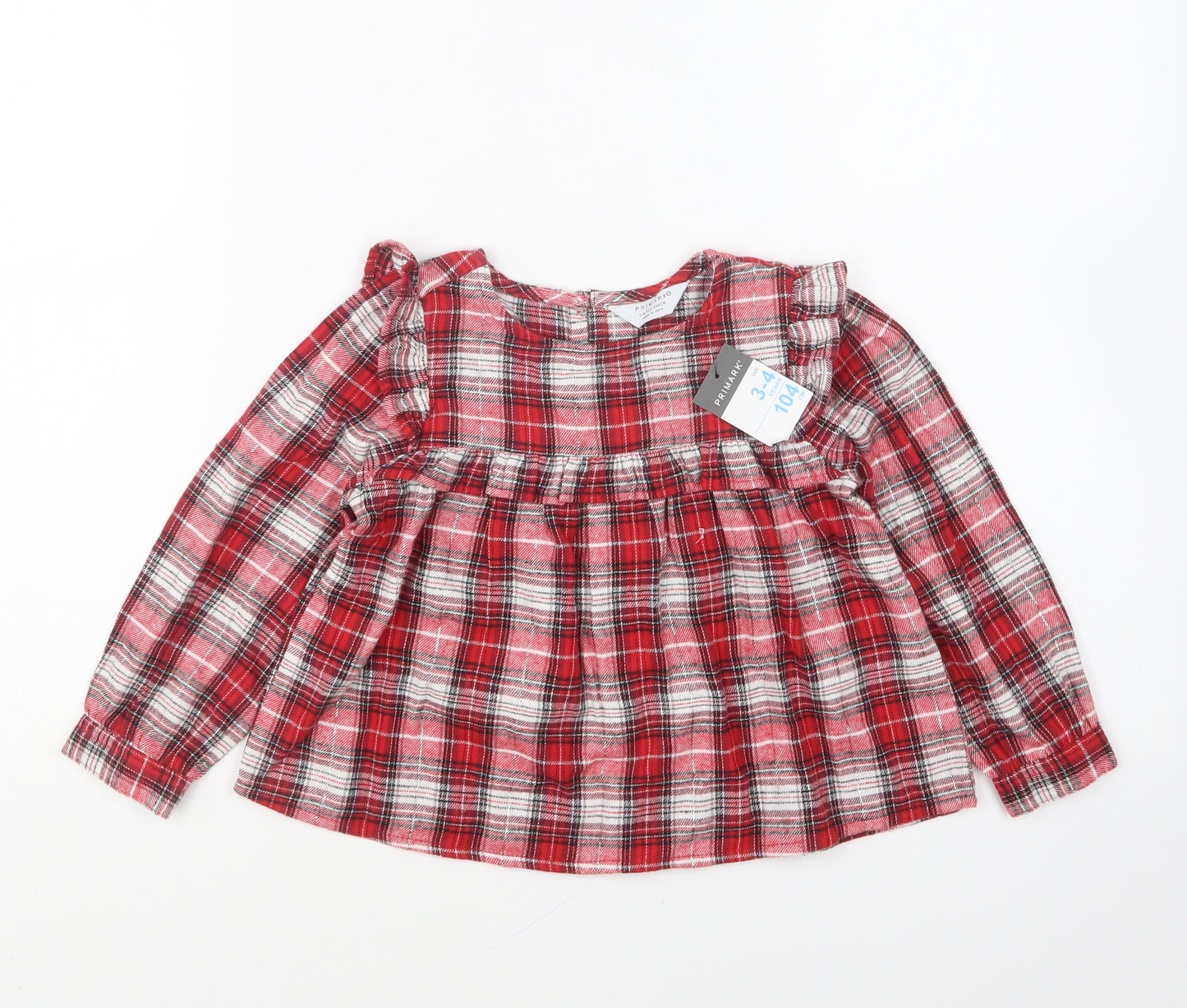Primark Girls Red Plaid Cotton Basic Blouse Size 3-4 Years Round Neck Pullover