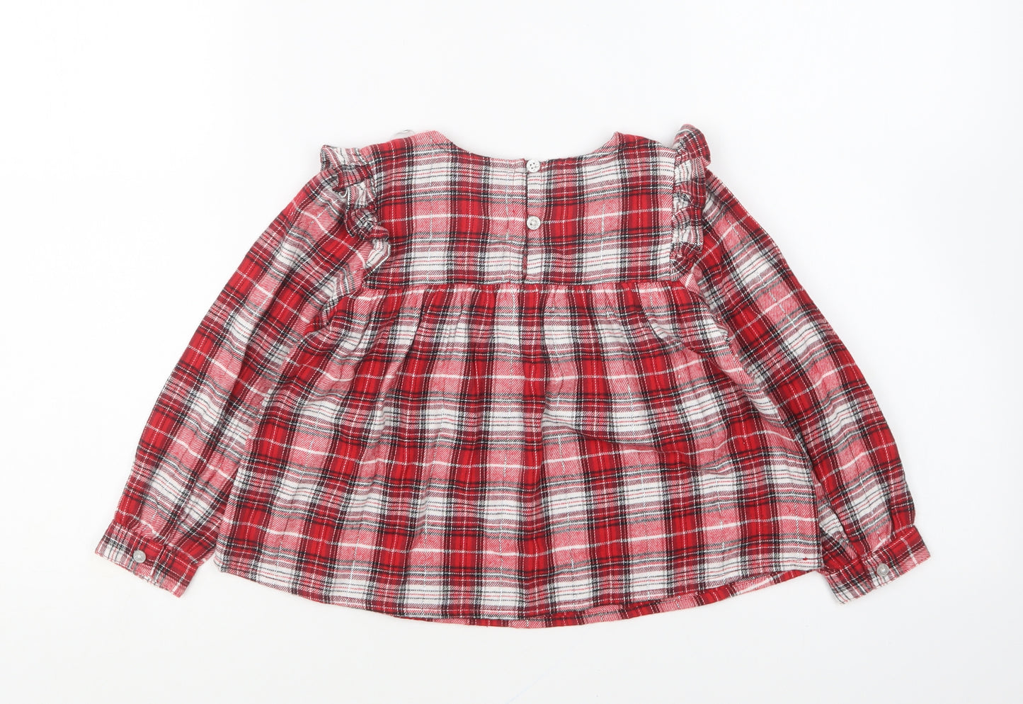 Primark Girls Red Plaid Cotton Basic Blouse Size 3-4 Years Round Neck Pullover