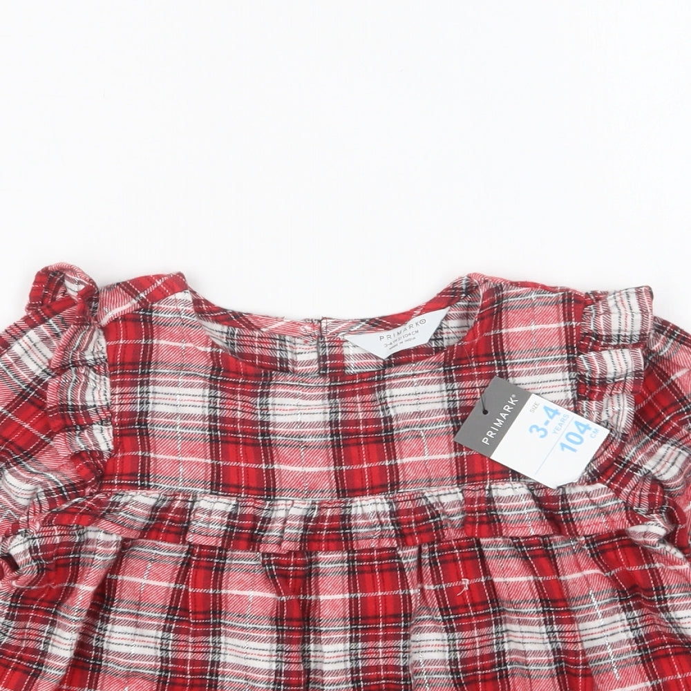 Primark Girls Red Plaid Cotton Basic Blouse Size 3-4 Years Round Neck Pullover
