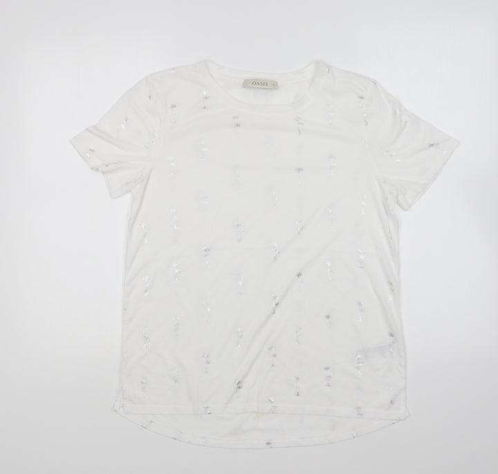 Oasis Womens White Geometric Polyester Basic T-Shirt Size M Round Neck
