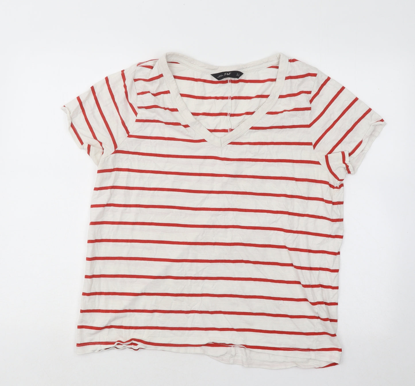 F&F Womens White Striped Cotton Basic T-Shirt Size 16 V-Neck