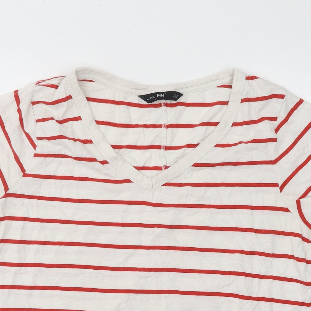 F&F Womens White Striped Cotton Basic T-Shirt Size 16 V-Neck