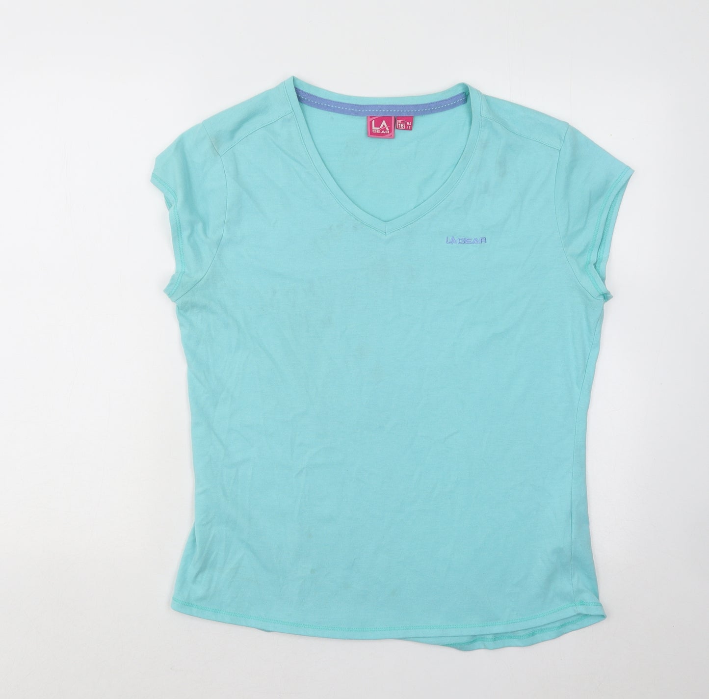 LA Gear Womens Blue Cotton Basic T-Shirt Size 16 V-Neck
