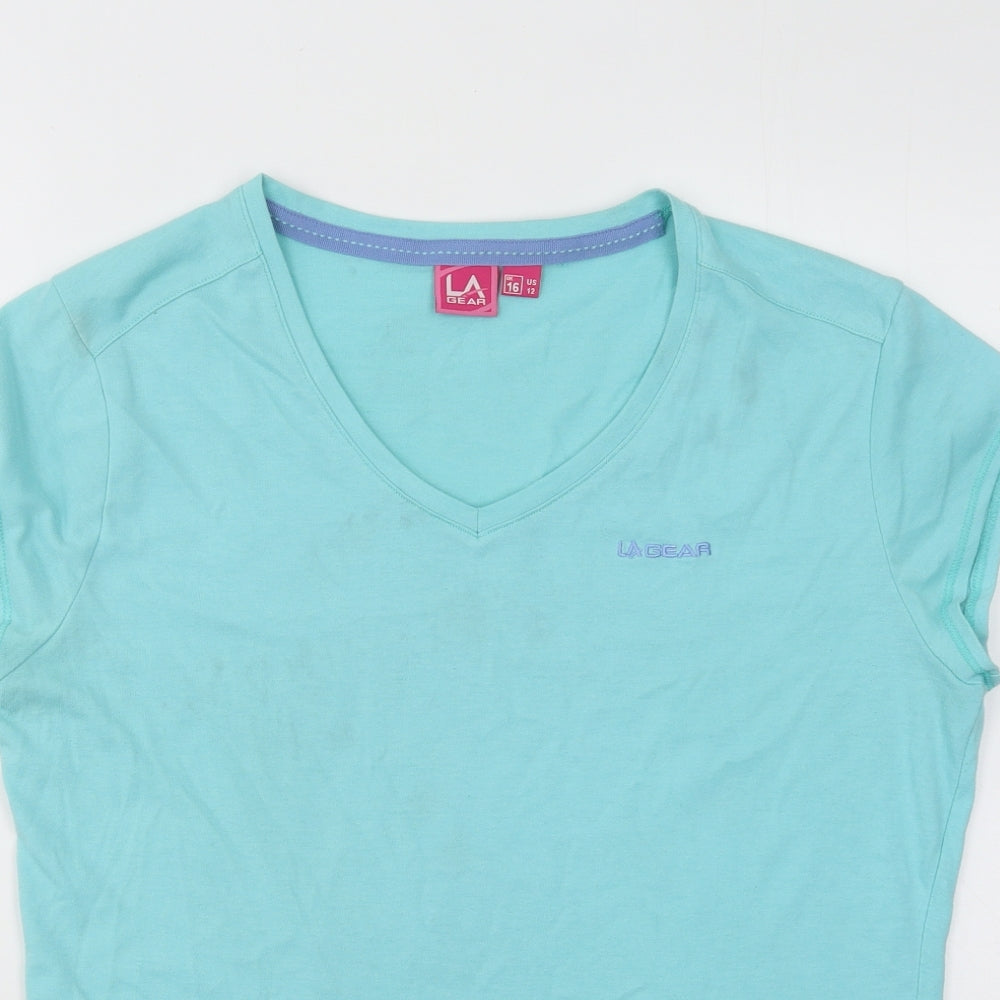 LA Gear Womens Blue Cotton Basic T-Shirt Size 16 V-Neck