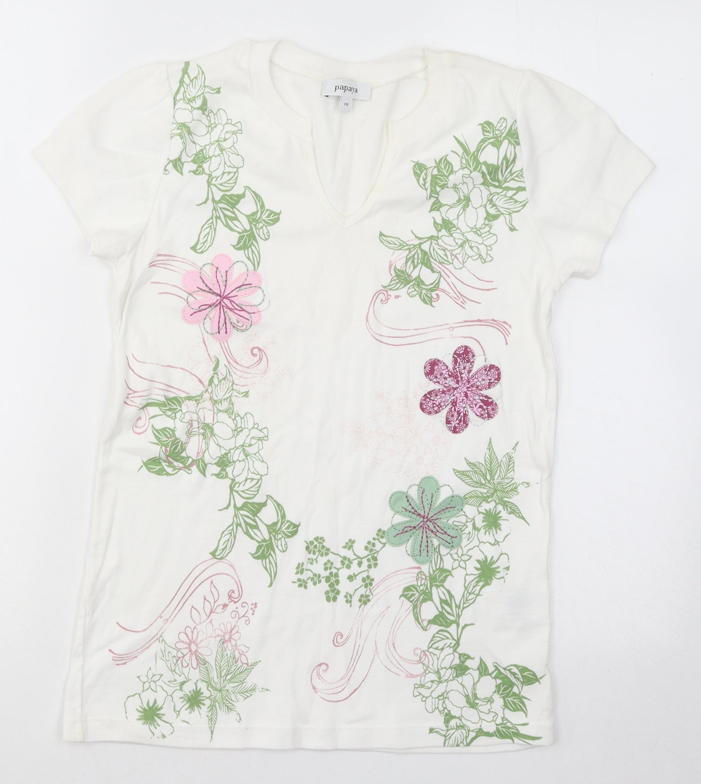 Papaya Womens White Floral Cotton Basic T-Shirt Size 10 V-Neck