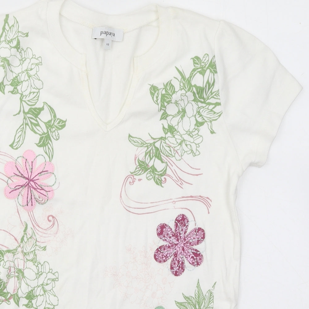 Papaya Womens White Floral Cotton Basic T-Shirt Size 10 V-Neck